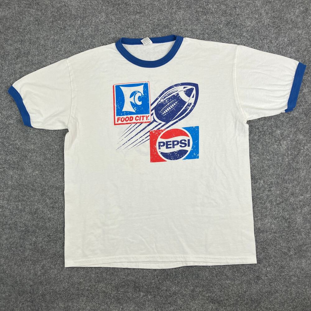 Augusta Ringer TShirt Mens 2XL White Blue Pepsi Food City Football‎ Graphic